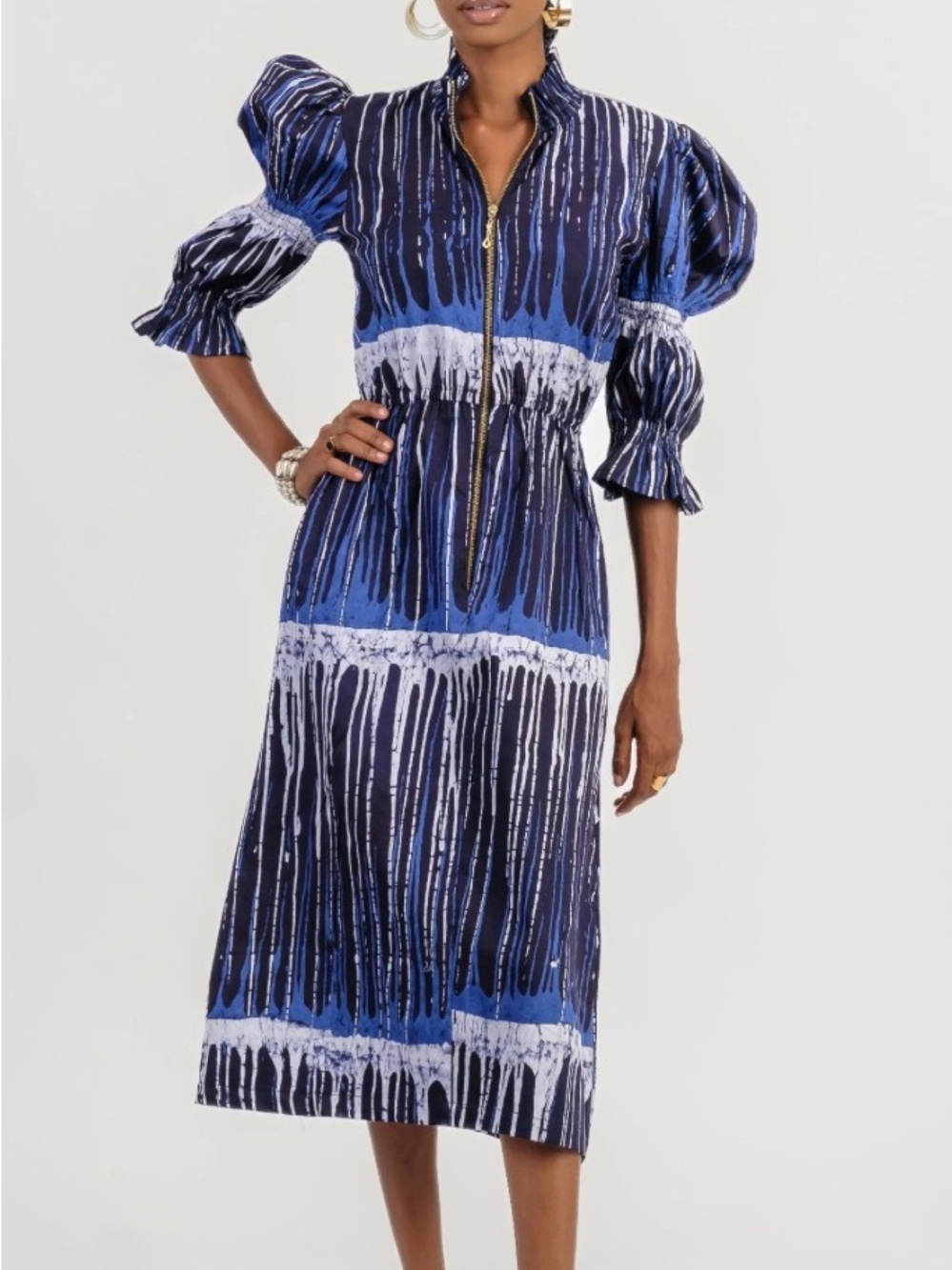 Navy & Blue Stripe Zip-Front Puff-Sleeve Midi Dress